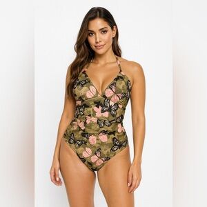 Joan Vass  One Piece Swimsuit Butterfly Print Halter Neck Size‎ S